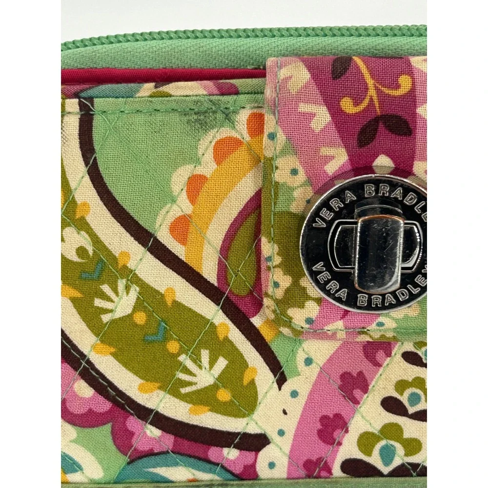Vera Bradley Turn Lock Zip Around Wallet Pink Green Paisley Floral Y2K